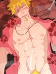  1boy abs autofacial bara bare_pectorals blonde_hair blush bukkake character_request cowboy_shot crow_(siranui) cum cum_on_body cum_on_boy cum_on_pectorals cum_on_self facial facial_hair from_above goatee hawaiian_shirt highres implied_masturbation looking_at_viewer lying male_focus male_pubic_hair monogatari_(series) muscular muscular_male naked_shirt navel nipples on_back open_clothes open_shirt pectorals pubic_hair seductive_smile shirt short_hair smile solo stomach translation_request 