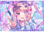  1girl :d aicedrop bangs blonde_hair blue_eyes blue_hair blue_nails blunt_bangs blush bow commentary_request eyebrows_visible_through_hair hair_bow heart looking_at_viewer multicolored_hair multicolored_nails nail_polish needy_girl_overdose omgkawaiiangel-chan open_mouth pill pink_hair pink_nails pixelated school_uniform serafuku signature smile solo twintails uneven_eyes v 
