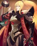  1girl absurdres arm_cannon armor blonde_hair blue_eyes cape claws cosplay gun highres long_hair looking_at_viewer metroid metroid_dread mole mole_under_mouth ponytail power_armor power_suit raven_beak_(metroid) red_cape samus_aran science_fiction simple_background solo truejekart upper_body weapon 