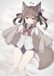  1girl animal_ear_fluff animal_ears bangs bed_sheet black_sailor_collar blush bow brown_cardigan brown_eyes brown_hair cardigan commentary_request eyebrows_visible_through_hair feet_out_of_frame fox_ears fox_girl fox_tail green_hair hair_between_eyes highres knees_together_feet_apart long_sleeves lying multicolored_hair old_school_swimsuit on_back one-piece_swimsuit open_cardigan open_clothes original puffy_long_sleeves puffy_sleeves red_bow risu_(ritharte) sailor_collar school_swimsuit school_uniform serafuku shirt sleeves_past_fingers sleeves_past_wrists solo swimsuit swimsuit_under_clothes tail two-tone_hair white_shirt 