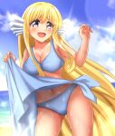 1girl absurdres beach bikini blonde_hair blue_eyes blue_sky breasts clothes_lift cloud collarbone commentary_request commission cowboy_shot day head_fins highres large_breasts long_hair looking_at_viewer maria_(mermaid_melody_pichi_pichi_pitch) mermaid_melody_pichi_pichi_pitch open_mouth outdoors sarong sky smile solo swimsuit underwear white_bikini zanntetu 