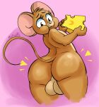  anthro backsack balls big_butt brown_body brown_fur bulluppa butt cheese dairy_products digital_media_(artwork) eating eyelashes food fur genitals hi_res holding_food holding_object jerry_mouse looking_at_viewer looking_back male mammal metro-goldwyn-mayer mouse murid murine nude rodent solo thick_thighs tom_and_jerry 
