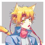  1boy animal_ears blonde_hair blue_jacket caesar_anthonio_zeppeli cat_ears cat_tail facial_mark fang feather_hair_ornament feathers green_eyes hair_ornament headband highres jacket jojo_no_kimyou_na_bouken kemonomimi_mode male_focus pickieeeee pink_scarf scarf solo tail tail_ornament tail_ring triangle_print yellow_eyes 