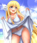  1girl absurdres beach blonde_hair blue_eyes blue_sky breasts clothes_lift cloud collarbone commentary_request commission cowboy_shot day dress dress_lift head_fins highres large_breasts long_hair looking_at_viewer maria_(mermaid_melody_pichi_pichi_pitch) mermaid_melody_pichi_pichi_pitch open_mouth outdoors panties sky smile solo underwear white_dress white_panties zanntetu 