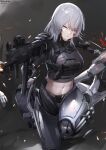  1girl abs ak-15 ak-15_(girls&#039;_frontline) angry armor artist_name assault_rifle bangs breasts commentary cowboy_shot eyebrows_visible_through_hair firing girls&#039;_frontline glowing glowing_eye grey_background gun hair_between_eyes handgun highres holding holding_gun holding_weapon holstered_weapon kalashnikov_rifle large_breasts long_hair midriff mod3_(girls&#039;_frontline) navel nekoya_(liu) parted_lips pistol pouch purple_eyes rifle sidelocks silver_hair snap-fit_buckle solo_focus standing standing_on_one_leg tactical_clothes weapon 