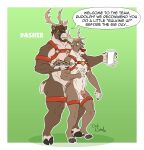  anthro antlers balls bell blush capreoline cervid cookie dasher dialogue duly_noted duo erection flaccid food genitals harness hi_res hooves horn larger_male male male/male mammal milk mostly_nude muscular muscular_male nipples penis reindeer rudolph_the_red-nosed_reindeer size_difference smaller_male 