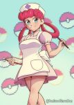  1girl apron artist_name bangs blue_eyes clipboard confusedsnowman dress english_commentary hair_rings hat highres holding holding_pen joy_(pokemon) nurse nurse_cap pen pink_hair pocket poke_ball_symbol pokemon pokemon_(anime) pokemon_(classic_anime) puffy_short_sleeves puffy_sleeves short_sleeves simple_background smile solo standing 