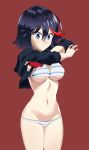  1girl absurdres bangs black_hair black_shirt blue_eyes bra breasts closed_mouth clothes_lift eyebrows_visible_through_hair fingerless_gloves gloves hair_between_eyes highres kill_la_kill large_breasts looking_down lowleg lowleg_panties matoi_ryuuko multicolored_hair navel no_pants panties porougon red_background red_gloves red_hair school_uniform serafuku shirt shirt_lift short_hair simple_background single_glove solo stomach streaked_hair striped striped_bra striped_panties underwear 