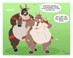  anthro antlers bell belly big_belly capreoline cervid clothing comet_(reindeer) dialogue duly_noted duo harness hi_res hooves horn hyper hyper_belly male male/male mammal nipples obese obese_male overweight overweight_male reindeer rudolph_the_red-nosed_reindeer shake torn_clothing weight_gain 