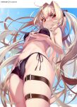  1girl artist_name bangs bikini black_bikini blonde_hair blue_sky blush breasts cloud day eyebrows_visible_through_hair hong_(white_spider) konjiki_no_yami leg_garter long_hair looking_at_viewer medium_breasts navel parted_lips patreon_username red_eyes side-tie_bikini sky solo swimsuit thighs to_love-ru very_long_hair 