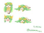  &gt;_&lt; 1girl abababu000 bangs blush chibi closed_eyes commission commissioner_upload dress green_hair jewelry kid_icarus kid_icarus_uprising long_hair lying on_stomach open_mouth palutena parted_bangs pillowtena single_thighhigh skeb_commission smile solo thighhighs very_long_hair white_dress 