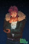  1boy alternate_costume closed_eyes denim earrings fur-trimmed_jacket fur_trim green_jacket jacket jeans jewelry jojo_no_kimyou_na_bouken kakyoin_noriaki male_focus night night_sky pants red_hair signature sky solo star_(sky) starry_sky z.i 