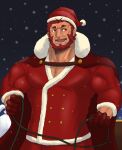  1boy :d alternate_costume bara beard cowboy_shot facial_hair fate/zero fate_(series) hat highres iskandar_(fate) jacket keijimohumohu large_pectorals male_focus mature_male muscular muscular_male pectoral_cleavage pectorals red_eyes red_hair red_jacket santa_costume santa_hat short_hair smile snowing solo 