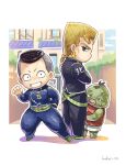  3boys black_hair blonde_hair brothers chibi diamond_wa_kudakenai dyresbroom earrings facial_hair father_and_son gakuran grey_hair jewelry jojo_no_kimyou_na_bouken male_focus monster multiple_boys nijimura&#039;s_father nijimura_keicho nijimura_okuyasu pompadour school_uniform siblings waving 