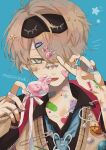  1boy absurdres bandaid blue_eyes bow brown_hair bunny candy eye_mask fav_27 food hair_ornament hairclip heart highres jewelry lollipop looking_at_viewer male_focus original pale_skin ribbon ring solo sticker tongue tongue_out 