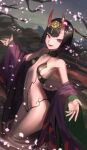  1girl :d black_choker black_hair breasts choker chorogon collarbone day fang fate/grand_order fate_(series) hair_ornament highres horns looking_at_viewer navel outdoors outstretched_arms purple_eyes purple_hair short_hair shuten_douji_(fate) sideboob small_breasts smile solo standing straight_hair wading 