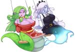  2girls :d belt belt_buckle blue_eyes blue_skin breasts buckle cleavage closed_eyes colored_skin echidna_(monster_girl_encyclopedia) facial_mark forehead_mark forked_tongue ghost green_hair hair_over_one_eye hair_tubes happy lamia large_breasts long_hair monster_girl monster_girl_encyclopedia multiple_girls open_mouth purple_skin rtil scales second-party_source silver_hair simple_background smile snake_hair swing tiara tongue tongue_out white_background will-o&#039;-the-wisp_(monster_girl_encyclopedia) 