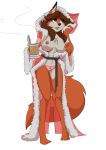  anthro breasts brown_eyes brown_hair canid canine christmas christmas_clothing clothed clothing container cup disney fangs female fluffy fluffy_tail fox fur hair hi_res holding_object holidays maid_marian mammal nipples open_mouth open_smile orange_body orange_fur panties partially_clothed robin_hood_(disney) smile solo tongue underwear yawg 
