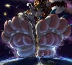  4_toes absurd_res anthro barefoot big_feet cheetah claws clothed_male crush destruction digital_media_(artwork) domestic_cat duo earth feet felid feline felis flammicus foot_fetish foot_focus fur giga giga_macro hair hi_res hybrid kenson kenson_(character) liger lion long_hair macro male male/male mammal mega_macro muscular muscular_male outside pantherine pawpads paws planet size_difference space space_station star stomping terra_macro tiger toes white_body white_fur 