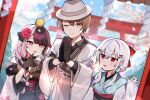  black_gloves black_hair braid brown_eyes brown_hair commentary_request fedora gloves hakase_fuyuki hat japanese_clothes kagami_hayato kimono long_hair low_twintails multicolored_hair new_year nijisanji pink_eyes red_eyes smile split-color_hair streaked_hair twin_braids twintails two-tone_hair virtual_youtuber waka_(wk4444) white_hair yorumi_rena 