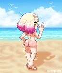  absurd_res beach blonde_hair cephalopod female gesture hair hand_on_hip hi_res humanoid inkling jodyinkfist looking_at_viewer looking_back looking_back_at_viewer marine middle_finger mollusk multicolored_hair nintendo nude pearl_(splatoon) pink_hair pseudo_hair seaside slim solo splatoon tan_body tan_skin tentacle_hair tentacles video_games wide_hips yellow_eyes 