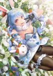  1girl :d animal_ears ankle_garter b.c.n.y. bangs bare_shoulders black_gloves black_legwear black_leotard blue_hair braid breasts carrot_hair_ornament coat cutout_above_navel detached_sleeves field flower flower_field food-themed_hair_ornament fur-trimmed_coat fur-trimmed_gloves fur_scarf fur_trim gloves hair_ornament highres hololive leg_garter leotard leotard_under_clothes long_hair looking_at_viewer lying mary_janes multicolored_hair nousagi_(usada_pekora) on_back orange_eyes pantyhose playboy_bunny puffy_short_sleeves puffy_sleeves rabbit_ears rabbit_girl scarf shoes short_eyebrows short_sleeves sideboob small_breasts smile solo strapless strapless_coat strapless_leotard swept_bangs thick_eyebrows twin_braids twintails two-tone_hair usada_pekora v_over_mouth virtual_youtuber white_coat white_footwear white_hair white_scarf white_sleeves 