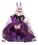  1girl absurdly_long_hair absurdres asymmetrical_legwear bangs bar_censor bare_shoulders black_legwear black_nails black_sclera blue_eyes censored colored_sclera commission crossed_arms demon extra_arms extra_pupils flat_chest full_body futanari hands_on_hips heterochromia highres horns horse_penis long_hair monster_girl multicolored_hair original penis purple_eyes purple_hair purple_legwear red_eyes sandals skin-covered_horns solo spiked_penis standing streaked_hair striped striped_legwear tentacles thighhighs todding vertical-striped_legwear vertical_stripes very_long_hair white_background white_hair 