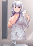  1girl absurdres breasts business_suit cellphone formal girls&#039;_frontline highres holding holding_phone indoors kaicchi large_breasts mirror nipples office_lady one_breast_out phone purple_eyes rpk-16_(girls&#039;_frontline) selfie short_hair silver_hair skirt_suit smartphone smile solo suit 