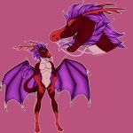  absurd_res anthro claws digital_media_(artwork) dragon feet hair hi_res horn male nude open_mouth purple_hair ramerooni red_body red_eyes simple_background smile solo tail teeth toe_claws toes tongue wings 