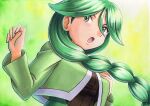  1girl :o braid breasts brown_shirt cheryl_(pokemon) commentary_request green_background green_eyes green_hair green_jacket hair_over_shoulder hands_up highres jacket long_hair long_sleeves oka_mochi open_mouth pokemon pokemon_(game) pokemon_dppt ribbed_shirt shirt single_braid solo tongue traditional_media upper_body 