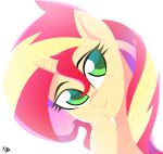  blonde_hair blue_eyes equestria_girls equid equine hair hi_res horn looking_at_viewer mammal multicolored_hair my_little_pony portrait red_hair simple_background solo sunset_shimmer_(eg) two_tone_hair unicorn white_background xan-gelx 