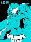  1girl :d bangs blue_background blue_eyes blue_hair blue_jacket blue_theme commentary cosplay cowboy_shot ene_(kagerou_project) ene_(kagerou_project)_(cosplay) facial_mark flat_color jacket kagerou_project long_hair looking_at_viewer numbered one_eye_closed project_sekai shiraishi_an skirt sleeves_past_fingers sleeves_past_wrists smile solo waka_(wk4444) white_skirt zipper_pull_tab 
