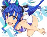  1girl absurdres ahoge aiuti animal_ears ass background_text blue_eyes blue_hair commentary_request competition_swimsuit heterochromia highres horse_ears horse_girl horse_tail long_hair one-piece_swimsuit purple_eyes sharp_teeth sidelocks solo swimsuit tail teeth twin_turbo_(umamusume) twintails two-tone_swimsuit umamusume white_swimsuit 