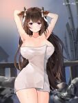  1girl absurdres animal_ears armpits arms_behind_head azur_lane bamboo bangs blush breasts breasts_apart brown_hair collarbone covered_nipples cow_ears cow_girl cow_horns eyebrows_visible_through_hair highres horns huge_breasts kashino_(azur_lane) lactation large_breasts long_hair looking_at_viewer onsen outdoors parted_lips purple_eyes ribbon signature solo sora_zz6 twitter_username wet white_ribbon 