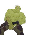  abs anthro balls big_muscles big_penis clothed clothing crocodile crocodilian crocodylid dorohedoro genitals gloves green_nipples handwear hi_res kaiman_(dorohedoro) looking_at_viewer male masturbation muscular muscular_male nipples pecs penile penile_masturbation penis reptile scalie sharp_teeth simple_background smile solo teeth thick_penis topless utx-shapeshifter vein veiny_penis white_background 