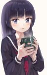  1girl absurdres asakura_(asa_t77) black_hair black_serafuku blue_eyes blush cup gokou_ruri highres hime_cut holding holding_cup looking_at_viewer mole mole_under_eye mug open_mouth ore_no_imouto_ga_konna_ni_kawaii_wake_ga_nai school_uniform serafuku solo steam white_background 