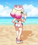  absurd_res beach bikini blonde_hair bracelet cephalopod clothing crown female footwear gesture hair hand_on_hip hi_res humanoid inkling jewelry jodyinkfist looking_at_viewer looking_back looking_back_at_viewer marine middle_finger mollusk multicolored_hair nintendo pearl_(splatoon) pink_hair pseudo_hair sandals seaside slim solo splatoon swimwear tan_body tan_skin tentacle_hair tentacles video_games wide_hips yellow_eyes 