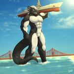  anthro battleship beach big_muscles boat bridge carrying_vehicle cloud dragon grin hair hi_res koa_wolf macro male multicolored_body muscular nude outside purple_eyes sand scales scalie sea seaside ship sig_(me-havoc) sky smile solo two_tone_body vehicle vehicle_lifting warship water watercraft 