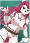  anthro breasts bucky_o&#039;hare_(series) clothed clothing domestic_cat felid feline felis female fluffy fluffy_tail fur genitals green_eyes hair hi_res jenny_(bucky_o&#039;hare) mammal nipples open_mouth partially_clothed pink_hair pussy simple_background solo teeth white_body white_fur yawg 
