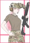  1girl absurdres bangs breasts brown_shirt camouflage camouflage_headwear camouflage_pants closed_mouth commentary_request ear_protection eyes_visible_through_hair girls&#039;_frontline gun hair_over_one_eye hand_on_hip headset helmet highres holding holding_gun holding_weapon lauging_man_(shun_a_t_i_o) long_hair looking_at_viewer pants pink_hair red_eyes shirt short_sleeves sig_mcx_(girls&#039;_frontline) sig_sauer_mcx small_breasts solo very_long_hair weapon 