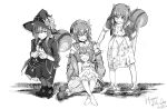  4girls ^_^ absurdres animal_ears ayunda_risu bangs barefoot beret closed_eyes dress eyebrows_visible_through_hair greyscale hat highres hololive hololive_indonesia jacket monochrome multiple_girls off_shoulder pantyhose raikkonen sitting smile squirrel_ears squirrel_tail tail tube_socks virtual_youtuber white_background witch_hat younger 