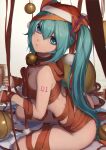  1girl bangs blue_eyes blue_hair bow breasts cleavage closed_mouth frown fur-trimmed_headwear hair_between_eyes hair_bow hat hatsune_miku long_hair naked_ribbon ola_(bunnyfly) red_bow red_headwear red_ribbon ribbon santa_hat sitting small_breasts solo twintails very_long_hair vocaloid white_background 