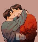  2boys arms_around_neck batman_(series) black_hair brothers chengzhineixihuanxiaogou closed_eyes cup dc_comics dick_grayson grey_sweater hand_on_another&#039;s_back highres holding holding_cup jason_todd kiss male_focus multicolored_hair multiple_boys red_sweater short_hair siblings sweater two-tone_hair upper_body white_hair yaoi 