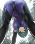  1girl ass bangs bent_over blush bodysuit breasts cameltoe cloud cloudy_sky commission covered_nipples cureecoolan fortified_suit from_below green_eyes green_hair kazama_touko large_breasts long_hair looking_at_viewer muvluv muvluv_alternative parted_bangs pilot_suit skeb_commission skin_tight sky smile solo tree 