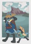  border brown_headwear closed_eyes clothed_pokemon cloud commentary day evolutionary_line hat hatted_pokemon highres lucario mountain outdoors pkpokopoko3 pokemon pokemon_(creature) riolu sash sky smile standing toes white_border 