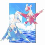  border cloud day flying highres kotone11152 latias latios looking_down looking_to_the_side no_humans outdoors pokemon pokemon_(creature) sky twitter_username water white_border yellow_eyes 