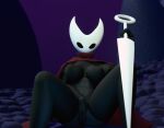  3d_(artwork) absurd_res anthro arthropod big_breasts black_body breasts butt cloak cloak_only clothing dark_body detailed_background digital_media_(artwork) female hi_res holding_object holding_weapon hollow_knight hornet_(hollow_knight) huge_breasts looking_at_viewer nude sitting solo solo_focus team_cherry thick_thighs video_games weapon wide_hips xionxiii 