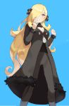  1girl absurdres black_coat blonde_hair blue_background coat commentary cynthia_(pokemon) fur-trimmed_coat fur_collar fur_trim grey_eyes hair_ornament hair_over_one_eye highres jacket long_hair pokemon pokemon_(game) pokemon_dppt solo spyg very_long_hair 