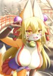 5_fingers absurd_res anthro bell big_breasts blush breasts bridge canid canine clothed clothing faroula_twitt female fingers fox fur hair hi_res jingle_bell kemono long_hair looking_at_viewer mammal smile snow solo wristband 