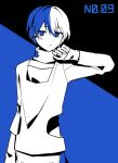  1boy aoyagi_touya blue_background blue_eyes blue_hair blue_theme closed_mouth commentary cosplay expressionless facial_mark flat_color headphones kagerou_project konoha_(kagerou_project) konoha_(kagerou_project)_(cosplay) long_sleeves looking_at_viewer male_focus multicolored_hair numbered pants project_sekai shirt solo split-color_hair waka_(wk4444) white_hair white_pants white_shirt 
